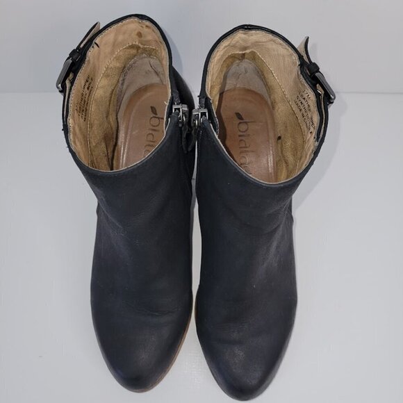 Biala Black Leather Wedge Ankle Boots Side Zip Ankle Buckle Bootie Women’s SZ 37 - Picture 3 of 13